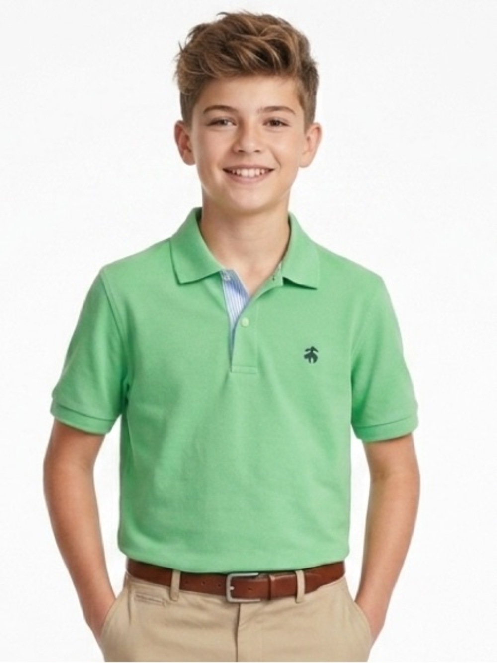 Brooks Brothers Boy Green Pique Polo Golf Shirt Size Youth Large Blue Stripe